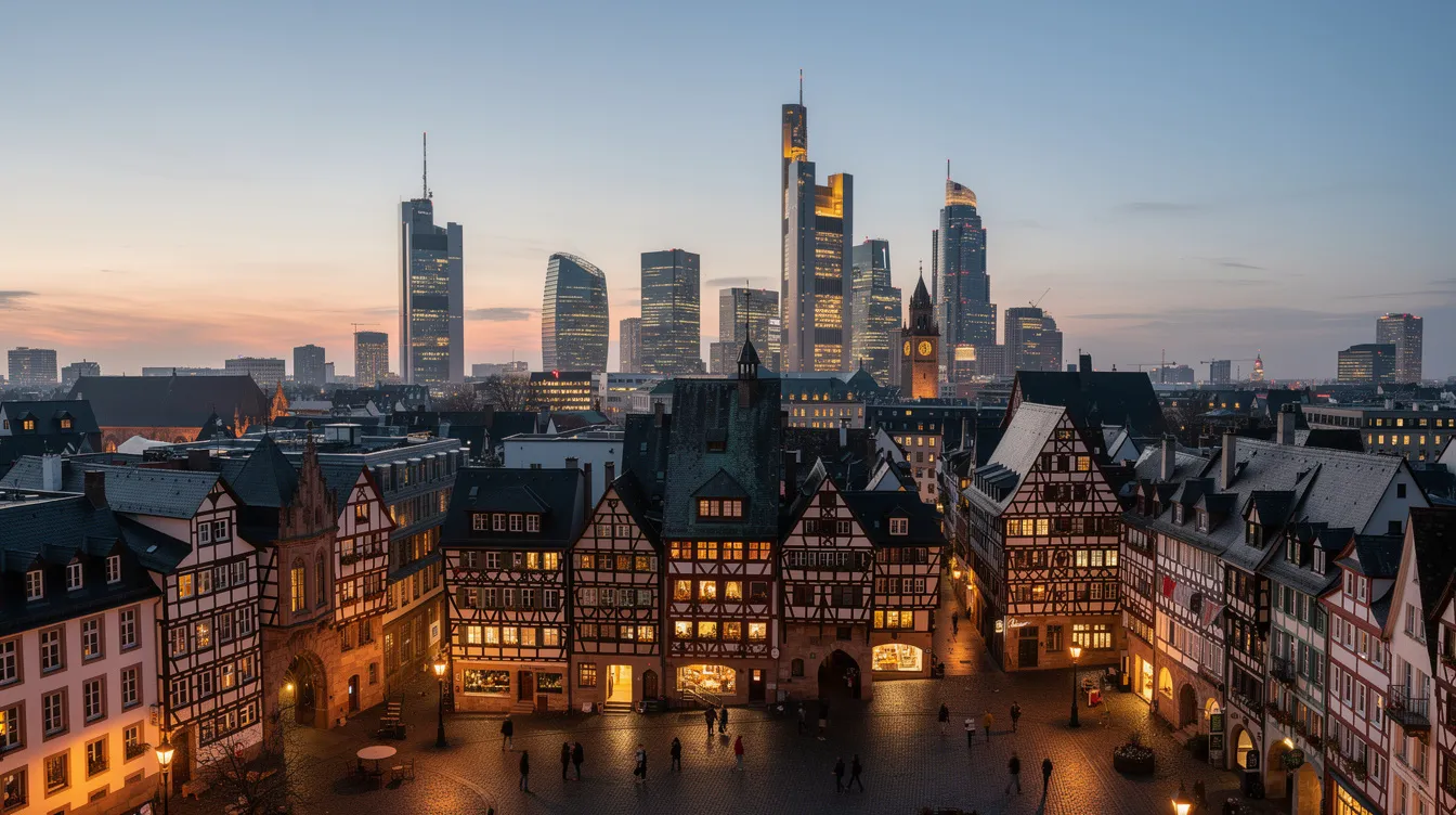 Der Blick auf die Frankfurter Skyline zeigt den Römerberg mit seinen historischen Fachwerkhäusern in der Abenddämmerung, während die Lichter der Stadt langsam aufleuchten. Diese Szene spiegelt die kulturelle Vielfalt und die literarische Bedeutung Frankfurts wider, besonders im Hinblick auf den Auftakt der Frankfurter Buchmesse und die Bekanntgabe der Longlist für den Deutschen Buchpreis 2025.