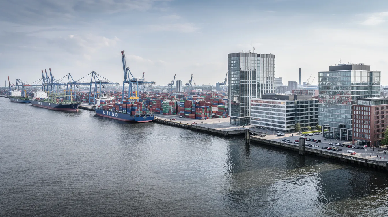 Der Panoramablick zeigt den Hamburger Hafen mit zahlreichen Containerschiffen, die im Wasser liegen, sowie modernen Bürogebäuden am Ufer, die die dynamische Atmosphäre des Bildungsunternehmens aap lehrerwelt gmbh widerspiegeln. Diese Szene verkörpert die Verbindung von Innovation und Exzellenz in einer pulsierenden Stadt wie Hamburg.
