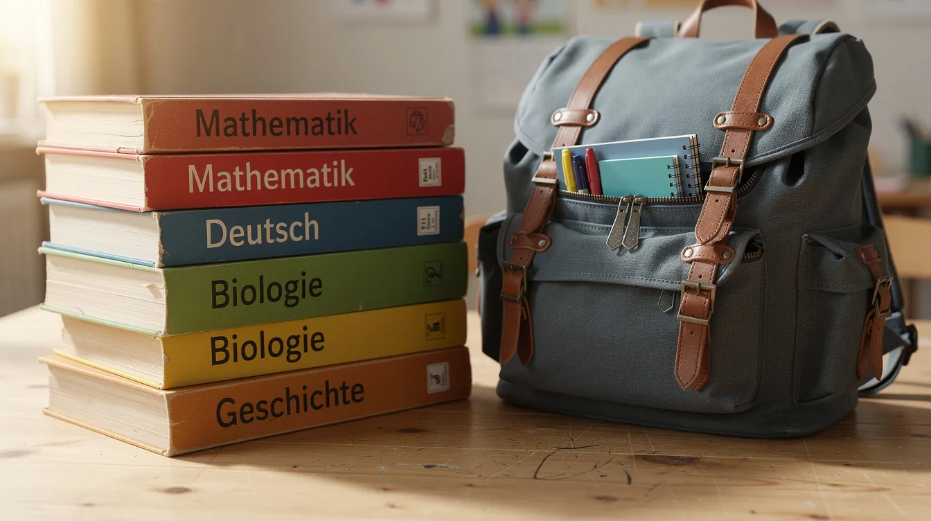 Auf einem Holztisch liegt ein Stapel Schulbücher neben einem Schulranzen, was die Ausgaben für Schulmaterialien symbolisiert, die Eltern im Schulalltag oft steuerlich absetzen können. Die Bücher sind eine wichtige Grundlage für den Unterricht und die fachliche Ausbildung der Kinder.