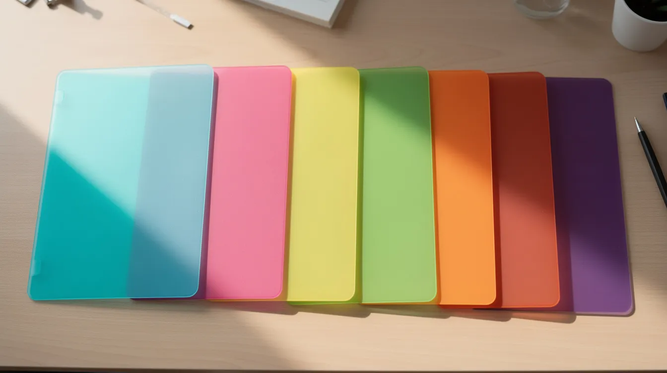 Auf einem Schreibtisch sind verschiedene bunte und transparente Buchumschläge aus Kunststoff nebeneinander ausgebreitet, die als Buchschoner für Schulbücher und Arbeitshefte dienen. Die Umschläge zeigen unterschiedliche Größen und Formen, die dazu beitragen, die Lebensdauer der Bücher zu verlängern und sie vor Beschädigungen wie Kratzern und Flecken zu schützen.
