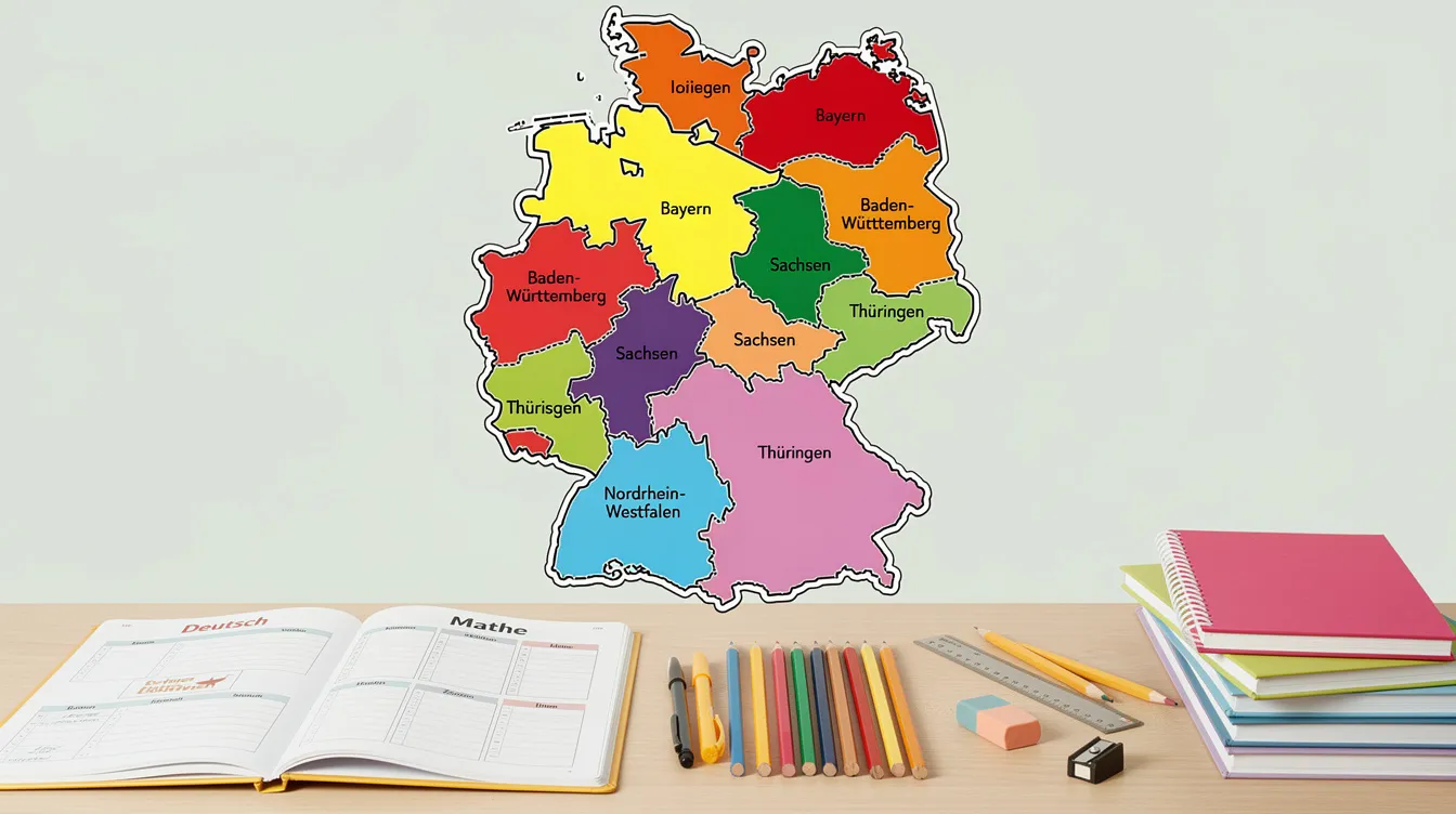 Die Landkarte von Deutschland zeigt die verschiedenen Bundesländer in unterschiedlichen Farben, um die geografische Aufteilung zu verdeutlichen. Im Vordergrund sind Schulmaterialien wie Schulbücher und Schreibwaren angeordnet, die für den Schulstart und das Lernen im neuen Schuljahr benötigt werden.