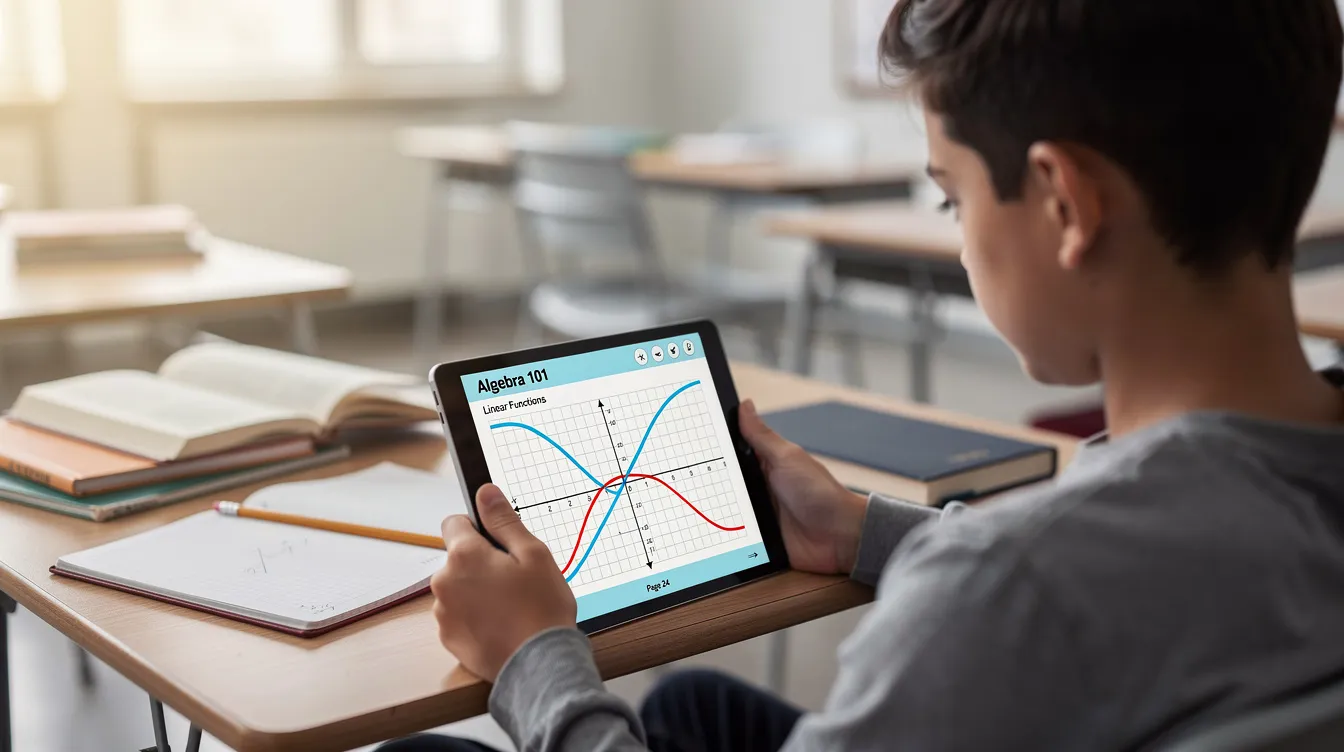 Ein Schüler sitzt an einem Schreibtisch und betrachtet ein Tablet, auf dem eine bunte digitale Lehrbuchseite mit mathematischen Grafiken angezeigt wird. Diese interaktive Lernressource könnte als PDF-Version heruntergeladen werden und ist Teil der modernen Schulbücher, die online zur Verfügung stehen.
