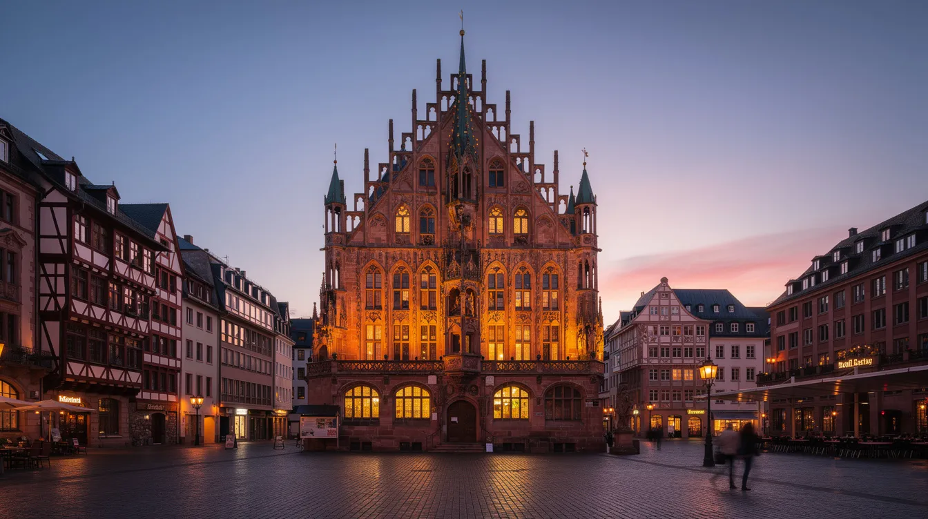 Das historische Rathaus in Frankfurt am Main erstrahlt in warmem Licht während der Abenddämmerung und zeigt die beeindruckende Fassade des Gebäudes. Diese Szenerie könnte gut zu einer Lesung oder Veranstaltung im Rahmen des Deutschen Buchpreises passen, die oft in solch geschichtsträchtigen Orten stattfinden.