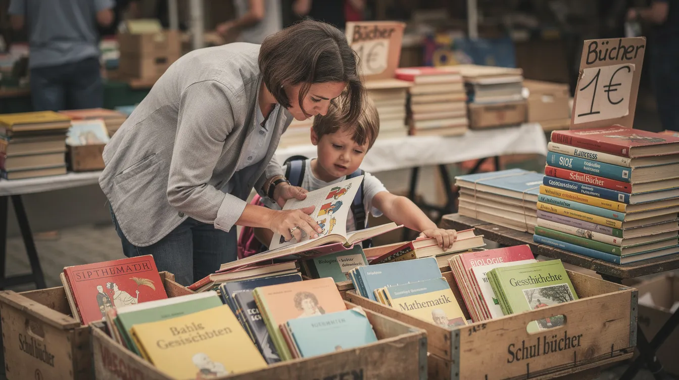 Ein Elternteil und ein Kind durchstöbern gemeinsam einen Bücherflohmarkt, um zwischen Kisten voller gebrauchter Schulbücher zu stöbern. Sie suchen nach geeigneten Exemplaren für das kommende Schuljahr und betrachten verschiedene Titel aus Fächern wie Physik und Geschichte.