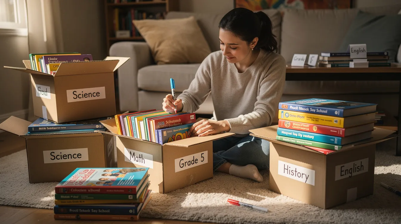 Eine Person sitzt auf dem Wohnzimmerboden und sortiert sowie etikettiert Kartons, die mit Schulbüchern gefüllt sind. Diese Aktion dient der Organisation von Bücherspenden, um Kindern und Schulen in der ganzen Welt zu helfen.