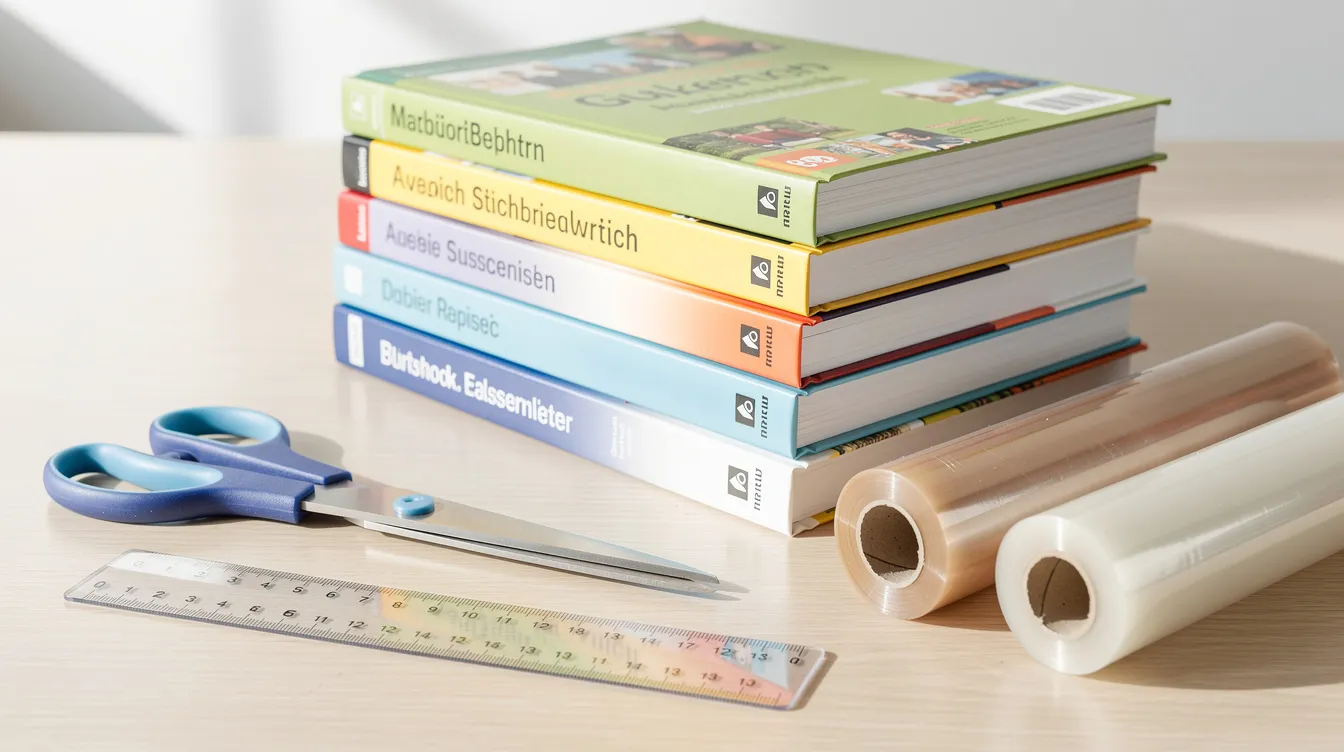 Auf einem hellen Holztisch liegen stapelweise neue Schulbücher, umgeben von einer Schere, einem Lineal und Rollen mit Schutzfolie. Diese Szene symbolisiert den Schulanfang und die Vorbereitung auf das neue Schuljahr, während Eltern oft Anleitungen zum Einbinden der Bücher suchen.