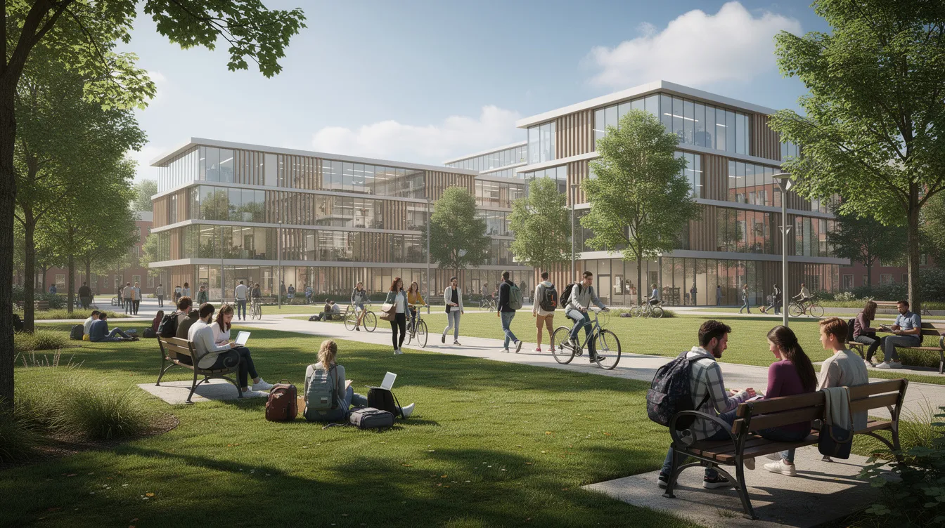 Auf dem modernen Hochschulcampus sind Studierende zu sehen, die inmitten von Grünflächen und modernen Gebäuden lernen und sich austauschen. Diese Umgebung fördert das Studium an Fachhochschulen und bietet eine inspirierende Atmosphäre für den Erwerb der Fachhochschulreife.