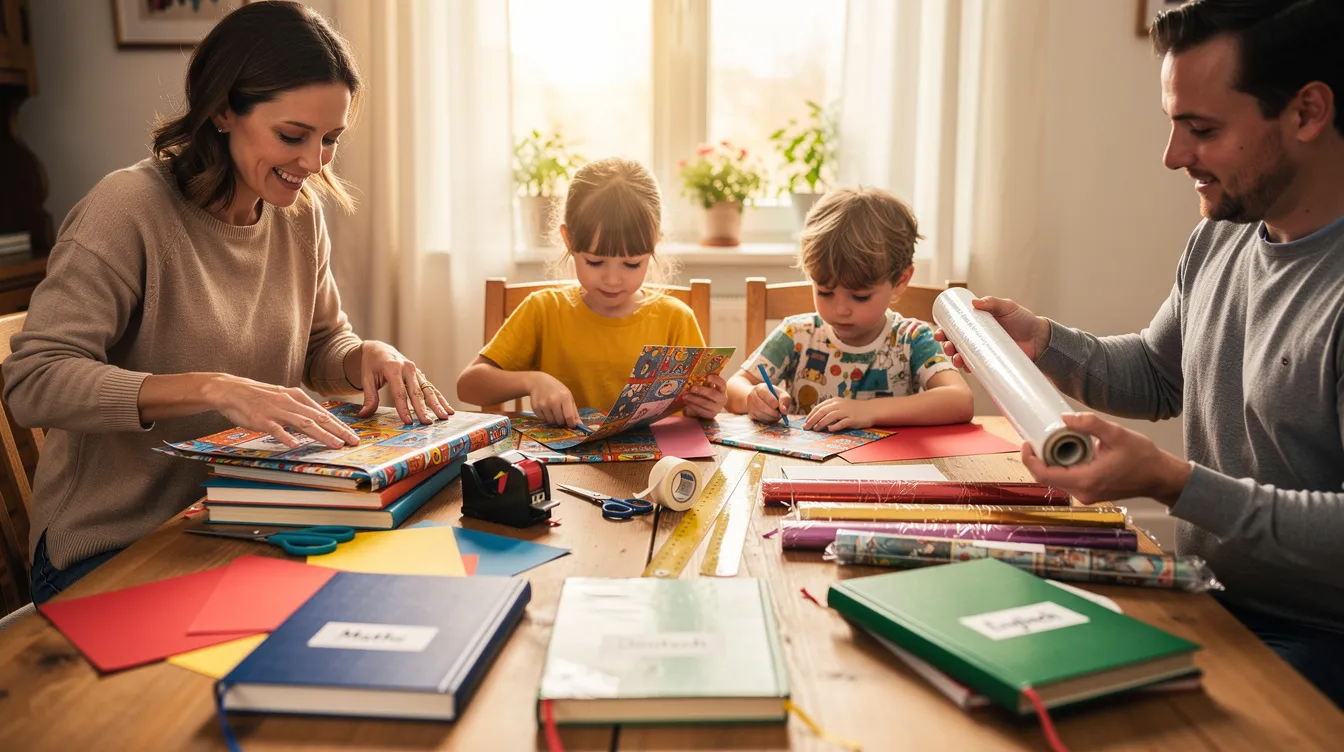 Eine Familie mit zwei Kindern sitzt an einem Esstisch und bindet gemeinsam Schulbücher ein, während sie buntes Papier und Folienrollen verwenden. Die Kinder helfen ihren Eltern, die Buchdeckel mit Schutzfolie zu versehen, um die Bücher für das Schuljahr zu schützen.