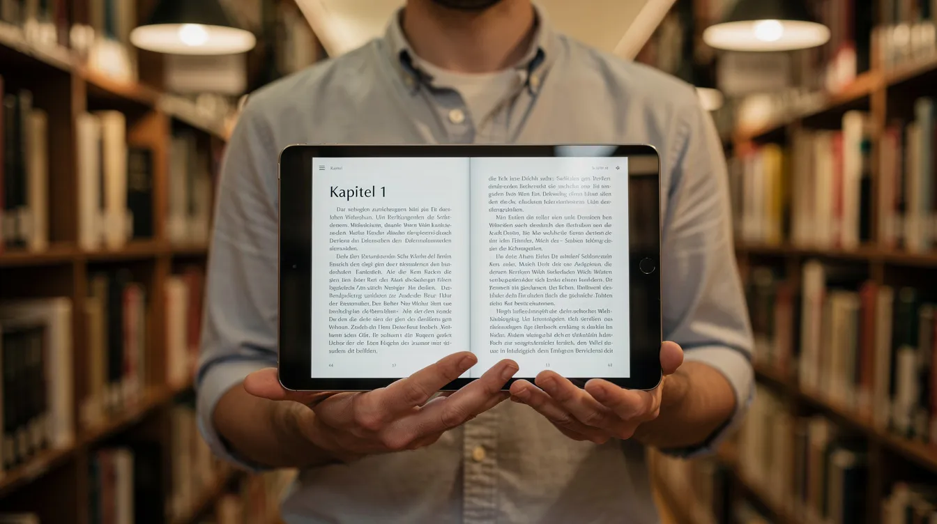 Eine Person blättert auf einem Tablet durch ein digitales Buch in einer Bibliothek, um verschiedene Lehrbücher im PDF-Format zu erkunden. Die Atmosphäre ist ruhig und der Nutzer sucht nach Lernmaterialien für den Online-Unterricht.