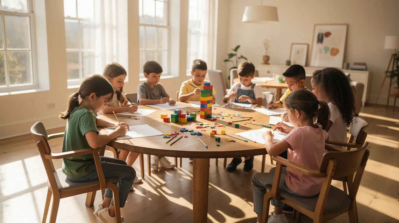 In einem lichtdurchfluteten Raum arbeiten Kinder unterschiedlichen Alters gemeinsam an einem großen Holztisch und fördern dadurch ihre Selbstständigkeit und Zusammenarbeit im Rahmen der Montessori-Pädagogik. Die Lernumgebung bietet Platz für kreatives Arbeiten und gemeinsames Lernen, was Teil des schulischen Alltags in einer Montessori Schule ist.