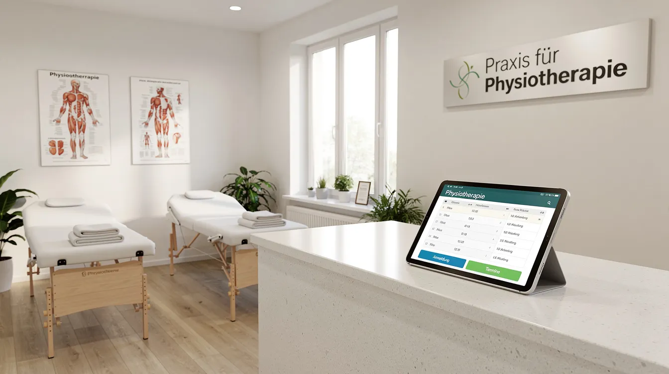Die moderne Physiotherapie-Praxis zeigt Behandlungsliegen in einem hellen Raum, während auf dem Empfangstresen ein digitales Tablet platziert ist. Diese Einrichtung könnte Teil eines innovativen Ansatzes für Therapien und Gesundheitsdienstleistungen sein, möglicherweise unterstützt durch Produkte des Buchner Verlags.