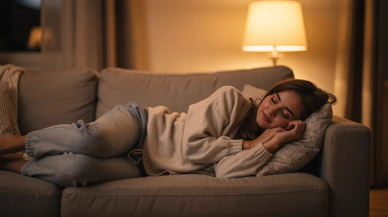 Eine junge Frau liegt entspannt auf einem Sofa mit geschlossenen Augen, während warmes Licht den Raum durchflutet. Diese Szene vermittelt ein Gefühl von Ruhe und Entspannung, das hilfreich sein kann, um Prüfungsängste zu lindern und Selbstvertrauen in Prüfungssituationen zu stärken.