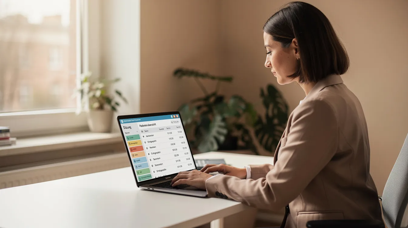 Eine Therapeutin sitzt an einem Laptop, auf dessen Bildschirm eine Kalender- und Patientenübersicht zu sehen ist. Der Raum ist hell und freundlich gestaltet, was eine angenehme Atmosphäre für die Arbeit schafft.