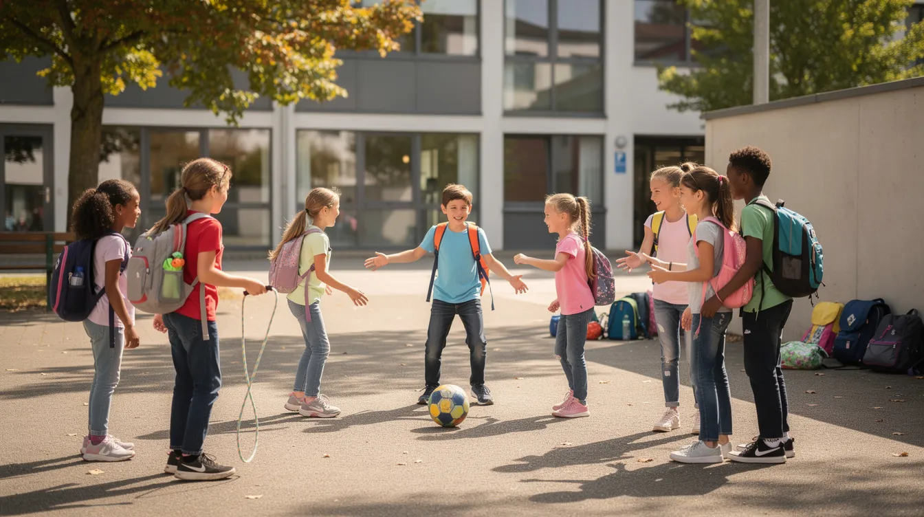 Auf dem Schulhof spielen und unterhalten sich fröhliche Kinder miteinander, während sie verschiedene Aktivitäten genießen. Diese Szene zeigt den Schulalltag in der Grundschule, wo Konflikte oft durch Kommunikation und Teamarbeit gelöst werden können.