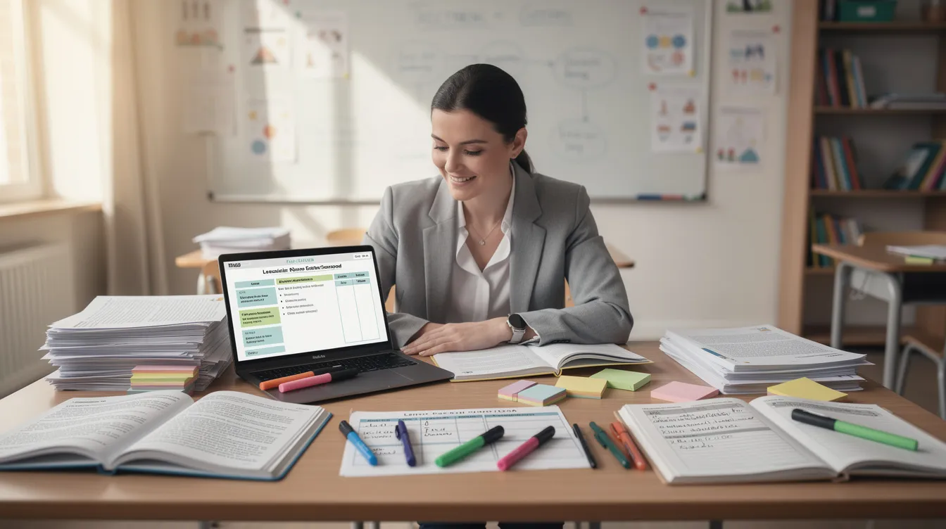 Ein Lehrer sitzt an einem Schreibtisch, umgeben von Unterrichtsmaterialien und einem offenen Laptop, auf dem er seine Unterrichtsvorbereitung plant. Die Szene zeigt das Engagement der Lehrkraft für die Lernenden und den Schulalltag.