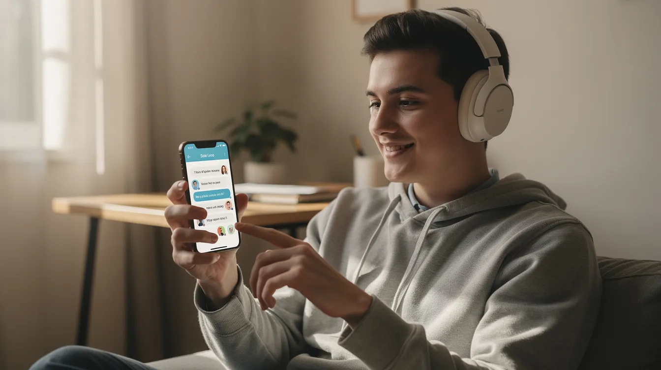 Eine Person nutzt eine Sprach-App auf ihrem Smartphone, während sie Kopfhörer trägt. Die App hilft ihr, verschiedene Sprachen zu lernen, ideal für Bereiche wie Urlaub und Reise, und bietet Zugriff auf Wörterbücher und Sprachführer von Langenscheidt.