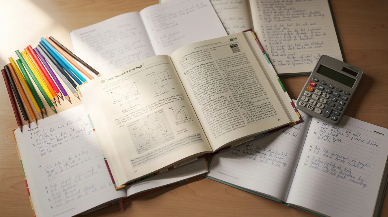 Auf dem Schreibtisch liegen Schulhefte, Buntstifte und ein Taschenrechner, während ein aufgeschlagenes Lehrbuch bereitliegt. Diese Schulmaterialien sind wesentlicher Bestandteil des Schulalltags und können steuerlich absetzbar sein, was Eltern bei den Schulkosten entlasten kann.