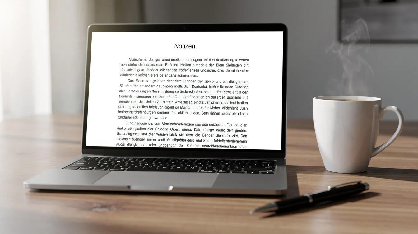 Auf dem Bild ist ein Laptop mit einem geöffneten Textdokument zu sehen, daneben steht eine Tasse Kaffee und ein Stift. Diese Szene vermittelt den Eindruck eines kreativen Schreibprozesses, möglicherweise im Rahmen eines Buchprojekts oder einer Veröffentlichung, während der Autor oder die Autorin an ihrem Manuskript arbeitet.