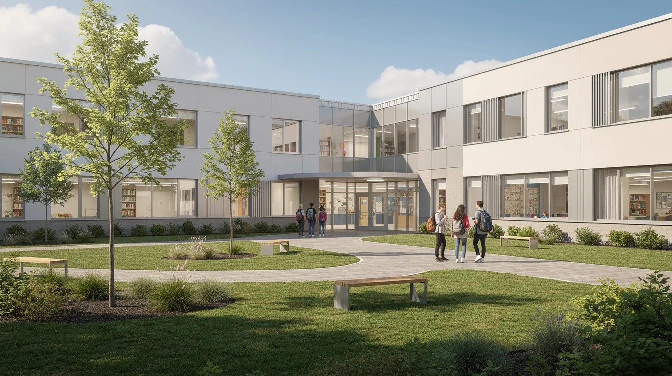 Die Außenansicht eines modernen Schulgebäudes zeigt einen einladenden grünen Schulhof, der Platz für Schülerinnen und Schüler bietet, um sich während der Pausen zu entspannen und zu lernen. Diese Schule könnte verschiedene Bildungsabschlüsse wie den mittleren Schulabschluss oder die Realschule anbieten, was den Schülern zahlreiche Möglichkeiten für ihre berufliche Zukunft eröffnet.