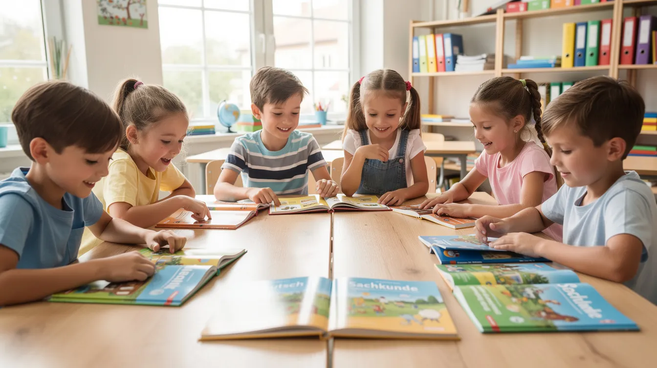 Eine Gruppe von Kindern sitzt an einem Tisch und blättert begeistert durch neue Schulbücher, die für den Schulstart vorbereitet wurden. Die Kinder zeigen auf verschiedene Seiten und diskutieren über die Inhalte der Bücher, die ihnen beim Lernen in der Schule helfen werden.
