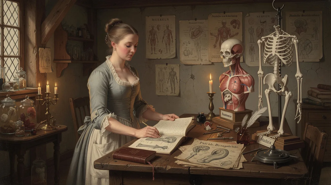 Die Darstellung zeigt eine Frau aus dem 18. Jahrhundert in einem wissenschaftlichen Arbeitsraum, umgeben von anatomischen Modellen und Zeichnungen, die die damalige Forschung und das Wissen über den menschlichen Körper widerspiegeln. Diese Szene könnte in einem Kontext stehen, der mit dem deutschen Buchpreis und den Themen der Literatur und Wissenschaft verknüpft ist.