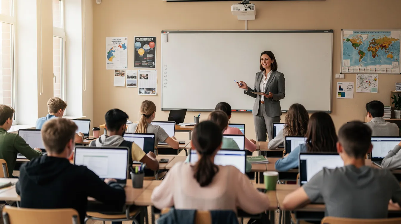 Ein Lehrer steht vor einer Klasse, während die Schüler an ihren Laptops arbeiten. Die Szene zeigt eine interaktive Lernumgebung, in der die Schüler Unterstützung bei ihren Hausaufgaben erhalten, möglicherweise durch KI-Tools und Schritt-für-Schritt-Erklärungen.