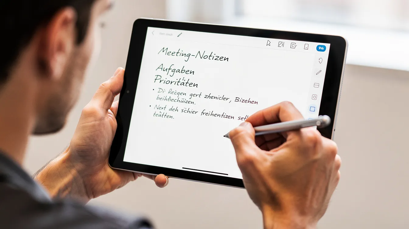 Zwei Hände halten ein Tablet, auf dem mit einem Stift Notizen gemacht werden. Diese Szene könnte im Kontext von Online-Unterricht oder beim Lesen von Schulbüchern im PDF-Format stehen.