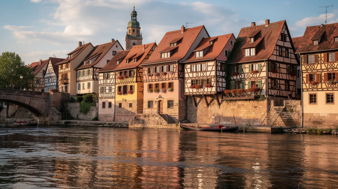 Die historische Altstadt von Bamberg zeigt malerische Fachwerkhäuser, die sich entlang eines ruhigen Flusses erstrecken. Diese Stadt, bekannt für ihre Geschichte und Architektur, ist ein wichtiger Ort für kulturelle Veranstaltungen und Bildungsangebote, die auch vom Buchner Verlag unterstützt werden.
