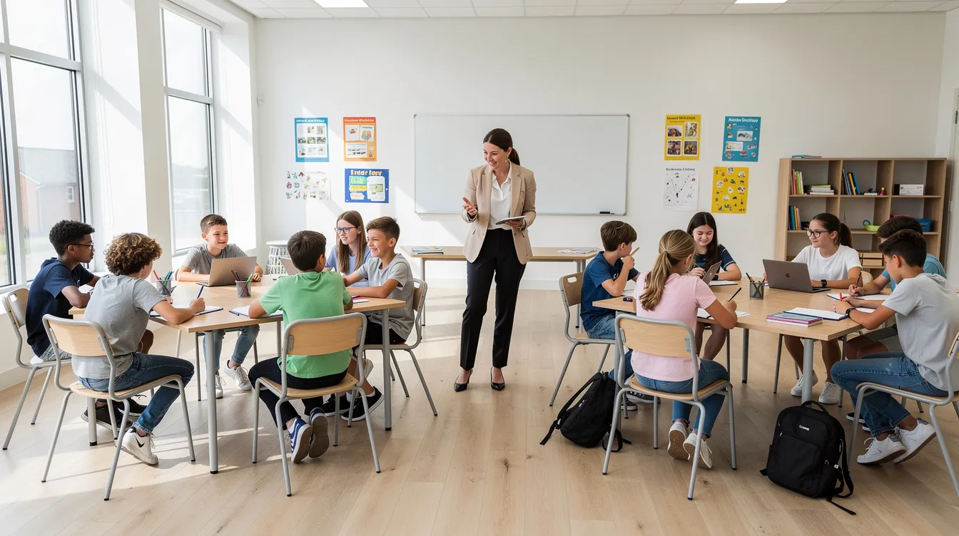 Ein helles, modernes Klassenzimmer zeigt Schülerinnen und Schüler, die an Gruppentischen sitzen und aktiv am Unterricht teilnehmen, während eine Lehrkraft zwischen den Tischen steht und Unterstützung bietet. Diese Szene verkörpert die Leidenschaft für Bildung und Innovation, die auch von Unternehmen wie aap lehrerwelt gmbh gefördert wird.