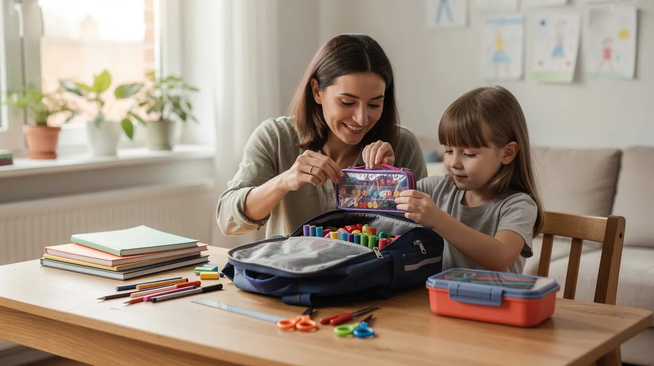 Ein Elternteil und ein Kind sitzen an einem Schreibtisch und sortieren gemeinsam Schulsachen wie Hefte und Stifte in einen Rucksack. Diese Szene zeigt den gemeinsamen Schulalltag und die Vorbereitung auf die Schule, während sie sich auch über die Kosten für Schulmaterialien austauschen.