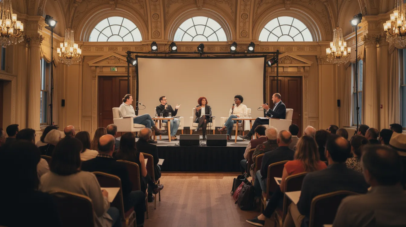Die literarische Podiumsdiskussion findet in einem historischen Saal statt, wo mehrere Autoren, darunter Dorothee Elmiger und Thomas Melle, auf der Bühne stehen und vor einem interessierten Publikum über ihre Werke und Themen diskutieren, die für die Shortlist des Deutschen Buchpreises 2025 relevant sind. Das Event vermittelt eine Atmosphäre von literarischer Begeisterung und Austausch über aktuelle Romane und die Buchkultur in Deutschland.