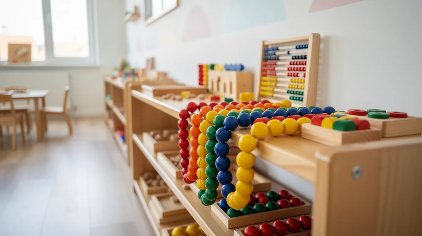 Im hellen Klassenzimmer sind bunte Montessori-Perlenketten und verschiedene Holzmaterialien auf einem niedrigen Regal angeordnet, die eine ansprechende Lernumgebung für Kinder schaffen. Diese Materialien unterstützen die Montessori-Pädagogik und fördern die Selbstständigkeit der Schüler in ihrer Entwicklung.