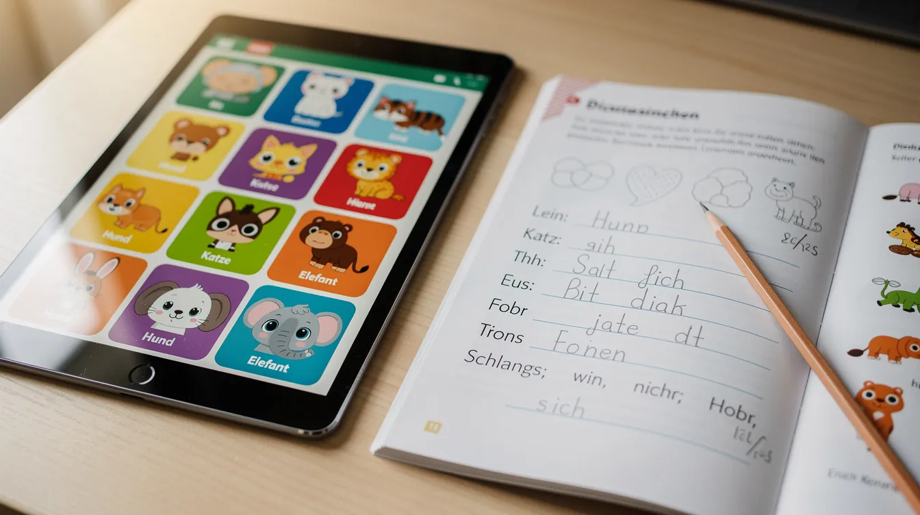 Ein Tablet auf einem Schreibtisch zeigt eine bunte Lern-App mit Tierbildern, die für Erstlesekinder in der Grundschule gedacht ist. Neben dem Tablet liegt ein aufgeschlagenes Arbeitsheft, das Übungen zu Tiergeschichten enthält, ideal für den Unterricht in der 1. und 2. Klasse.