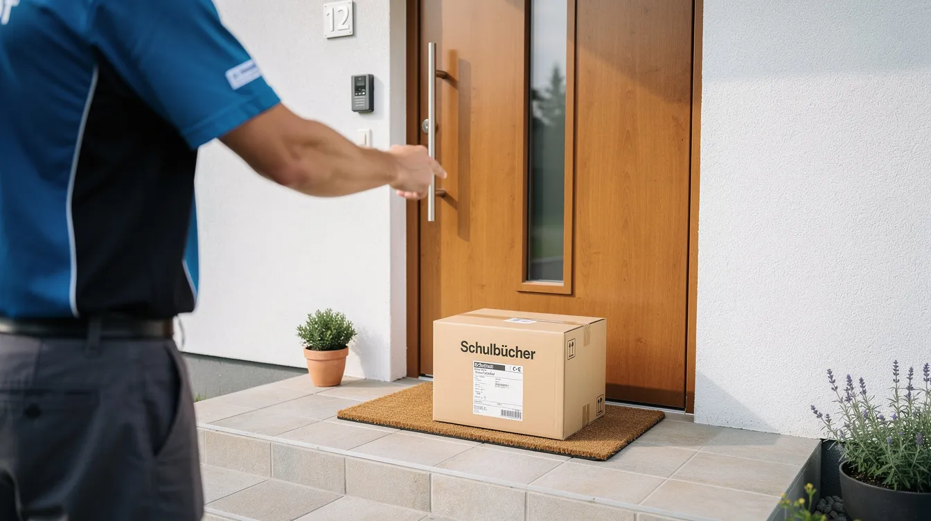 Ein Paket mit Schulbüchern wird an einer Haustür zugestellt, während im Hintergrund eine schlichte Wohnumgebung zu sehen ist. Die Lieferung enthält Materialien für den Schulstart, die für verschiedene Schulformen und Klassenstufen geeignet sind.