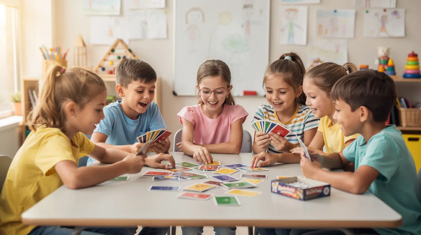 Eine Gruppe von Kindern sitzt um einen Tisch in der Schule und spielt ein Kartenspiel. Sie lachen und haben viel Spaß, während sie sich gegenseitig anfeuern und ihre Karten zeigen.