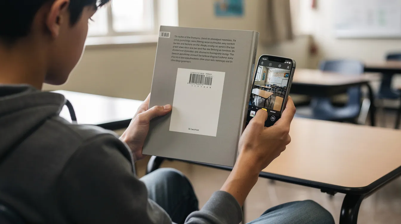 Eine Person scannt mit ihrem Smartphone den Barcode auf der Rückseite eines Schulbuchs, um Informationen über den Zustand und den Preis des Buches zu erhalten. Diese Methode wird häufig genutzt, um alte Schulbücher zu verkaufen oder den besten Anbieter für den Ankauf zu finden.