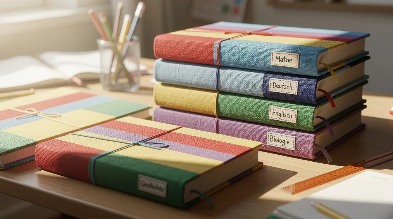 Auf einem Schreibtisch liegen ordentlich Schulbücher, die mit bunten Stoffeinbänden in verschiedenen Farben geschützt sind. Diese Buchschoner sorgen für einen ansprechenden Look und bieten gleichzeitig Schutz vor Schmutz und Feuchtigkeit.