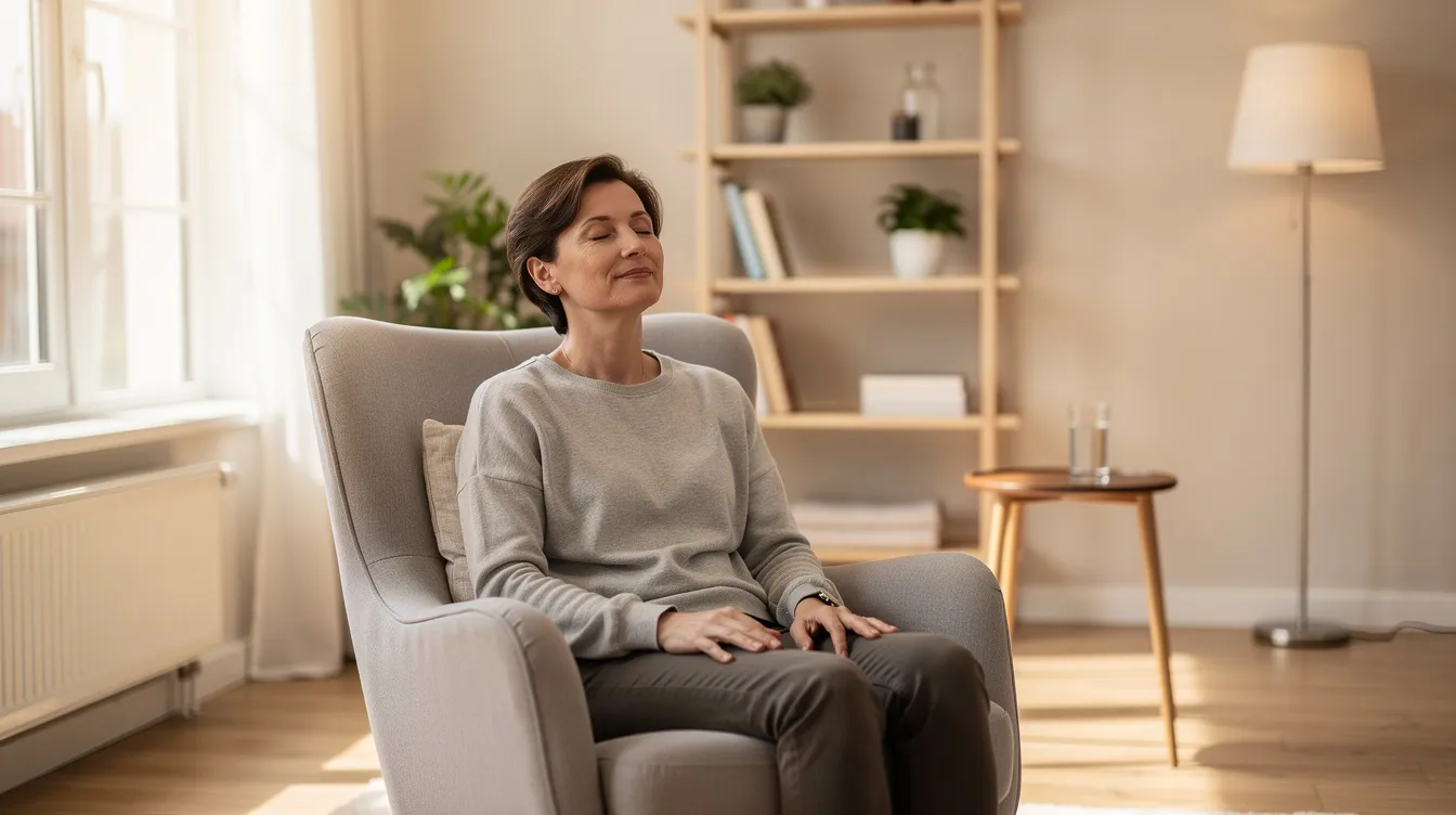 Eine Person sitzt entspannt mit geschlossenen Augen in einem bequemen Sessel in einem hellen Therapieraum, umgeben von beruhigenden Farben und sanften Lichtverhältnissen, während sie eine Hypnosetherapie zur Überwindung von Prüfungsangst erhält. Die Atmosphäre strahlt Ruhe aus und unterstützt den Prozess der Prüfungsvorbereitung und des Selbstvertrauens.
