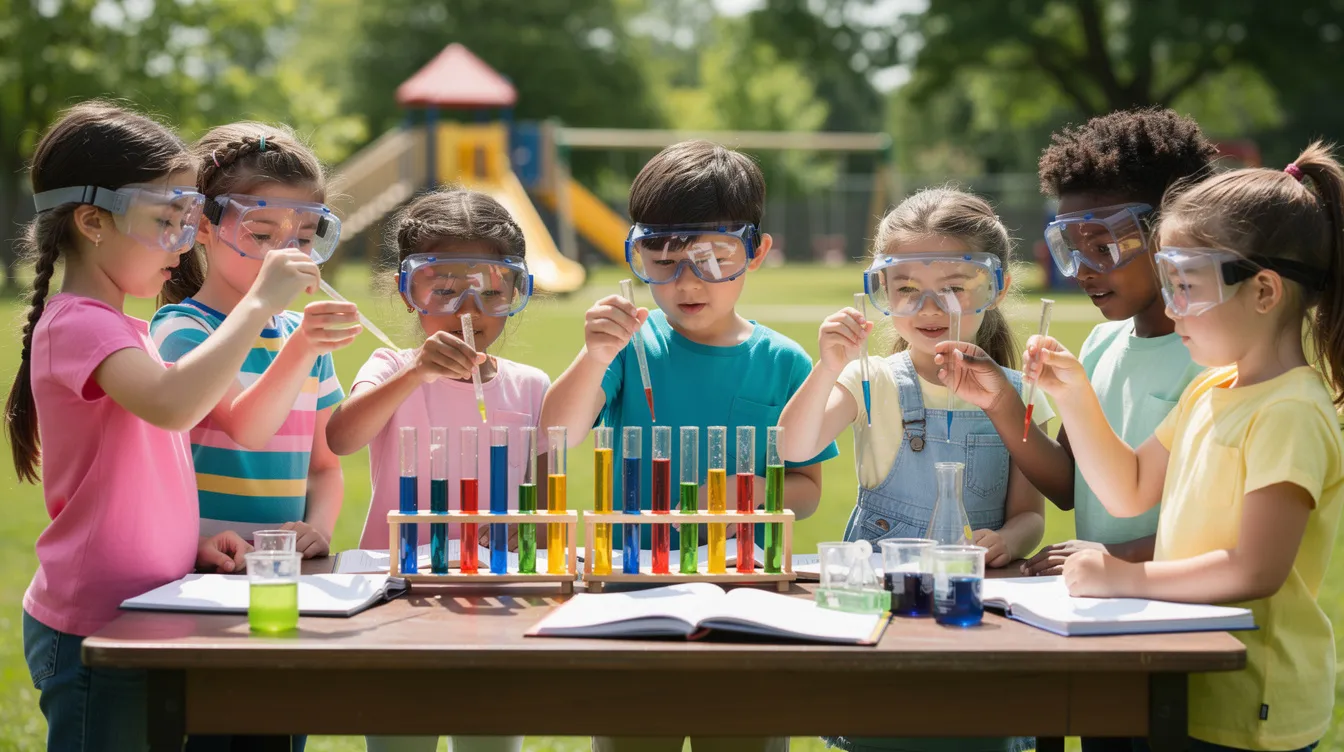 Eine Gruppe von Grundschulkindern, die Schutzbrillen tragen, experimentiert an einem Tisch im Freien mit Reagenzgläsern, in denen bunte Flüssigkeiten gemischt werden. Diese Szene zeigt den praktischen Unterricht an der Eilsleben Freien Grundschule, wo die Schüler spielerisch die Welt der Chemie entdecken.
