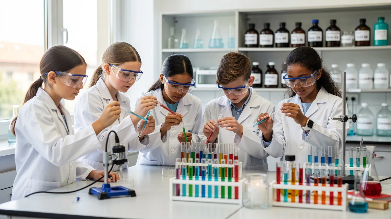 Eine Gruppe von Schülerinnen und Schülern führt in einem Chemielabor ein Experiment durch, während sie Reagenzgläser halten und Schutzbrillen tragen. Die Szene zeigt das praktische Lernen im Fach Chemie, das Teil des Unterrichts an Gymnasien ist, unterstützt durch Materialien des c.c.buchner verlag.