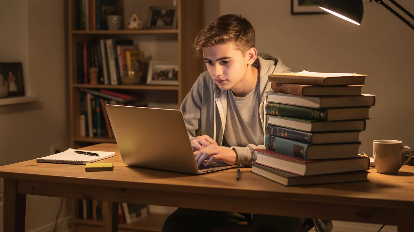Ein Jugendlicher sitzt an einem Schreibtisch und arbeitet an einem aufgeklappten Laptop, während neben ihm ein Stapel Bücher liegt, die als Lernmaterialien für die Schule dienen. Die Szene vermittelt ein Gefühl von konzentriertem Lernen und der Nutzung von digitalen und gedruckten Ressourcen, wie beispielsweise Lehrbüchern im PDF-Format.