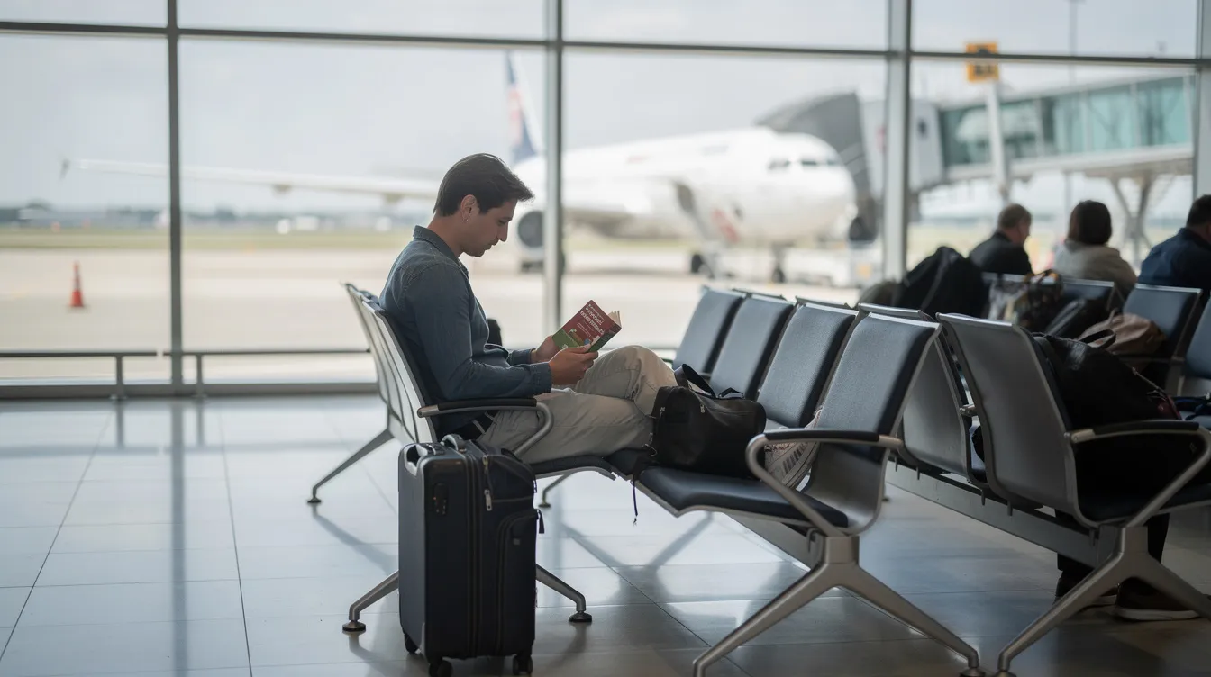 Eine Person sitzt am Flughafen-Gate mit einem kompakten Reisewörterbuch in der Hand, das ihr hilft, verschiedene Sprachen für ihren Urlaub zu verstehen. Auf dem Tisch liegen zusätzlich einige Reisedokumente und eine E-Mail-Adresse, die sie möglicherweise für ihre Reiseanmeldung benötigt.