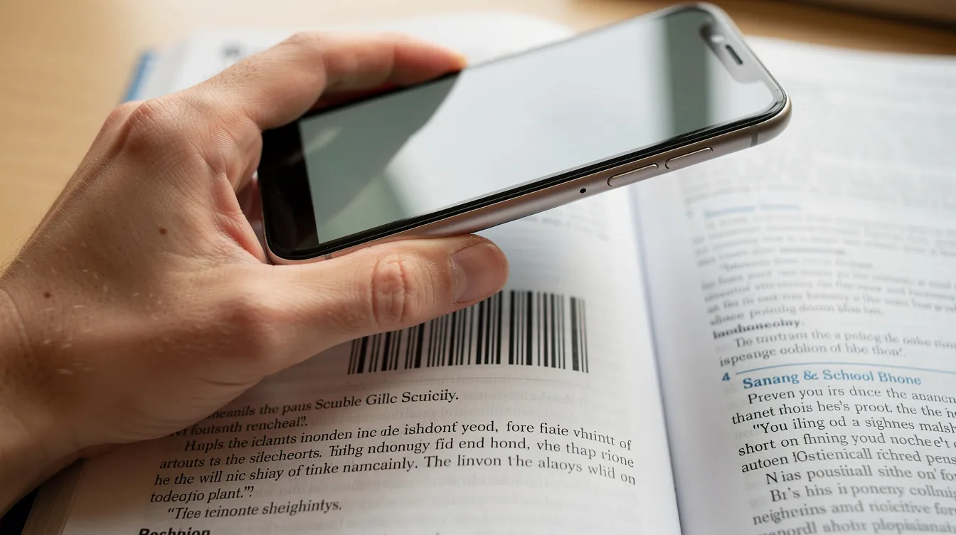 Eine Nahaufnahme zeigt eine Hand, die ein Smartphone über den Barcode eines Schulbuchs hält. Im Hintergrund sind die Buchumschläge und der Titel des Buches leicht verschwommen zu erkennen, während die Hand das Gerät präzise positioniert.