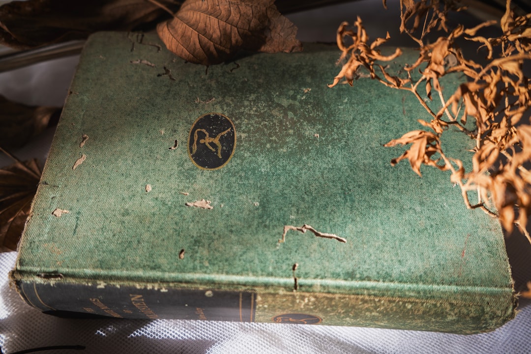 A vintage green book with dried leaves and branches