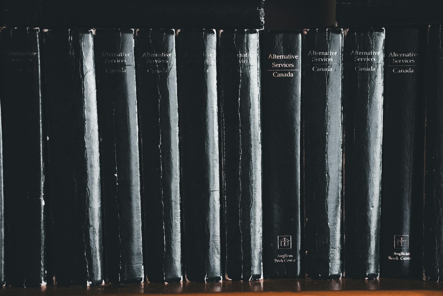 Close-up of black books on a shelf highlighting their titles.
