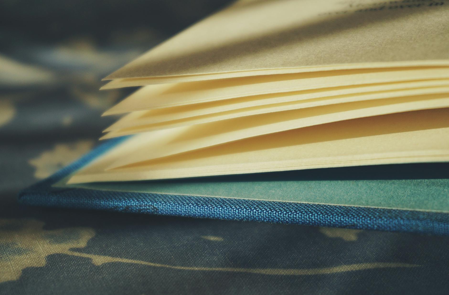 Detailed close-up of an open hardcover book with visible pages.