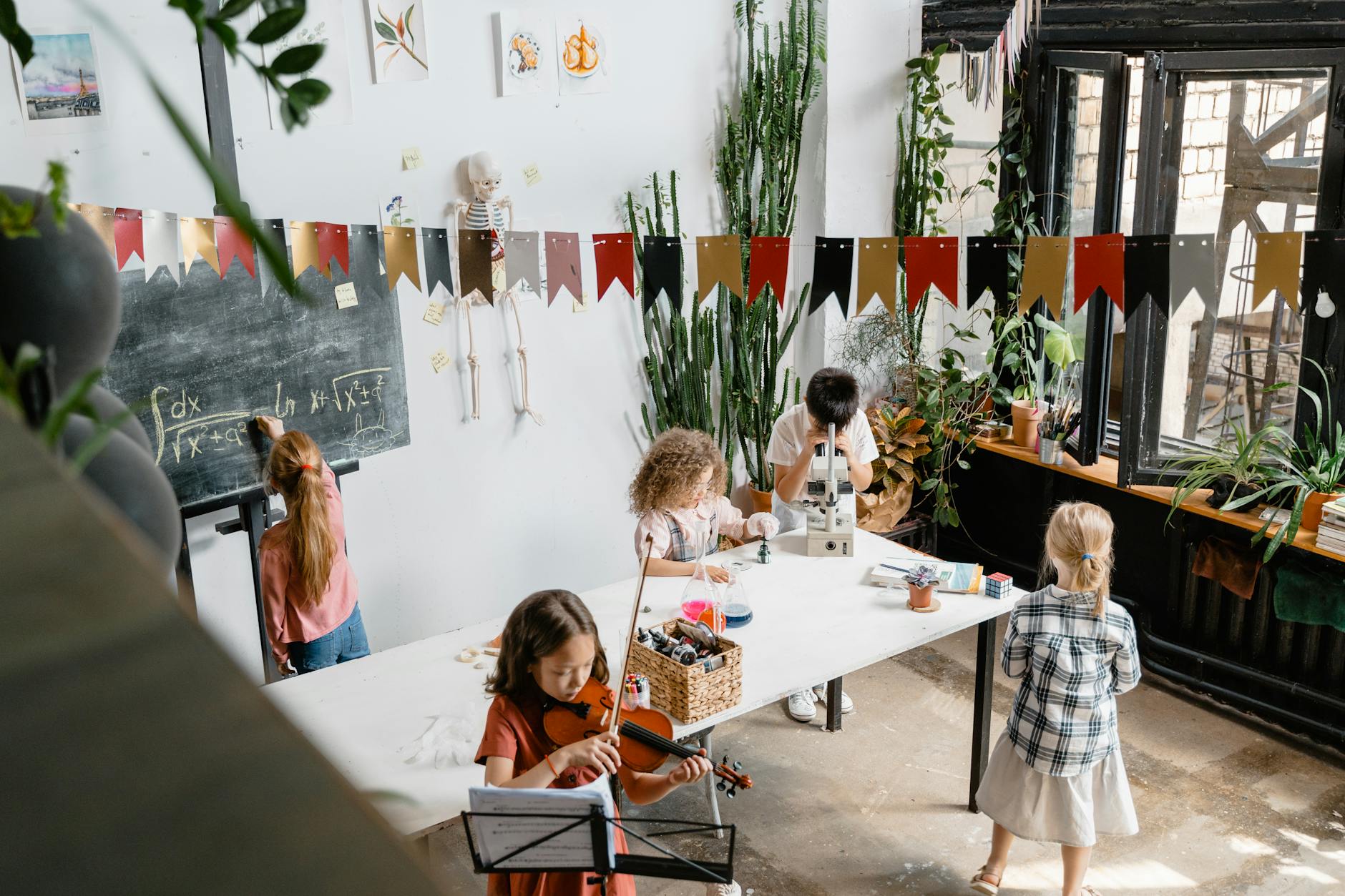 Engaging classroom where kids explore music and science, fostering curiosity.
